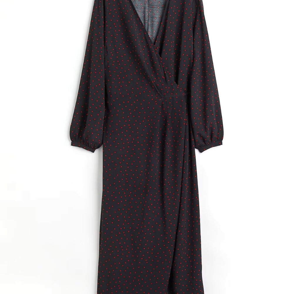 Patterned Wrap Dress, Black/Red Hearts, Calf-Length
